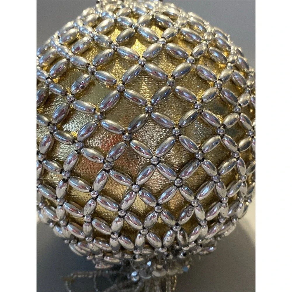 Large Beaded Hanging Silver Ball Christmas Ornament With Tassel Holiday Tree